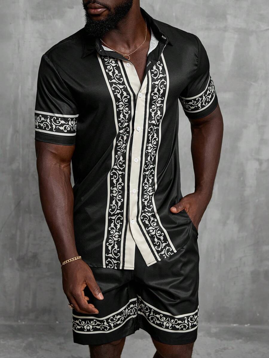 Manfinity AFTRDRK Men's Stylish Printed Short Sleeve Shirt And Shorts Set - Multicolor - View 1