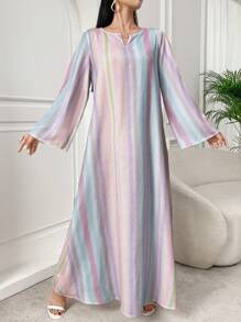Yasmyna Women's Striped Notch V-Neck Long Sleeve Arabian Dress, Modest - Multicolor - View 5