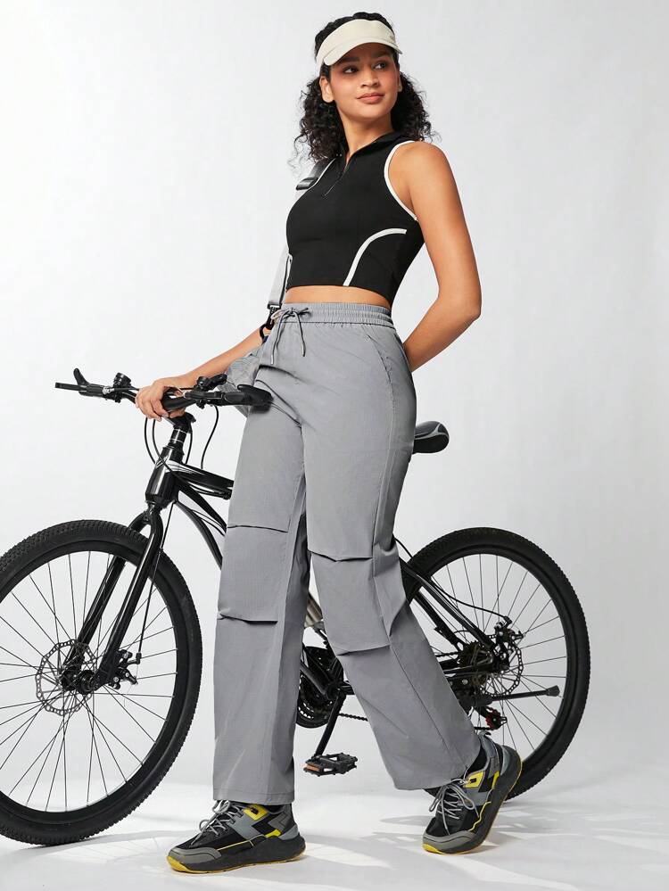 Women's Solid Color Drawstring Waist Sports Pants With Pockets