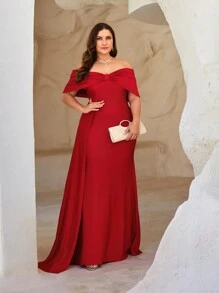 SHEIN Belle 大尺碼紅色優雅簡約蝴蝶結露肩側摺美人魚晚禮服，適用於舞會、晚宴、正式活動等 - 紅色 - 查看 3