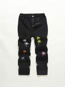 Jeans rasgados casuales de moda callejera para niño preadolescente con bordado de palmeras y colores variados