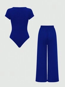 Franclia Ladies' Plain And Simple Short Sleeve Top And Long Pants Two-Piece Set, Daily Wear - Blue - View 2