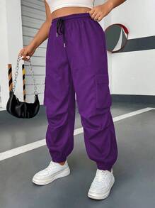 Flirla Pantalones de carga casuales de talla grande con cordón y bolsillos de unicolor - Morado - Ver 4