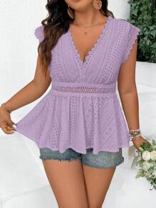 SHEIN Frenchy Plus Size Thêu Rỗng Mũ Tay Áo Đi Biển Mùa Hè Thường Ngày - Màu tím - Xem 6