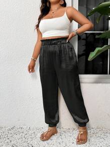 SHEIN Frenchy Plus Size Solid Color Jogger Pants For Vacation And Leisure - Black - View 6