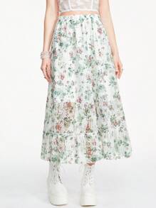 ROMWE Fairycore Lace Flower Printed Big A-Line Mid-Length Women's Skirt - White - View 3