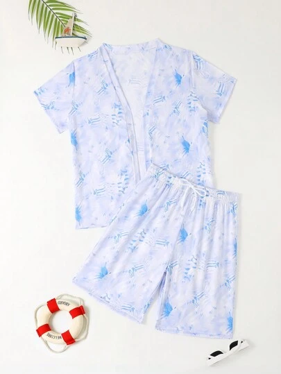 Teen Boy Printed Short-Sleeved Cardigan And Shorts Set, Summer