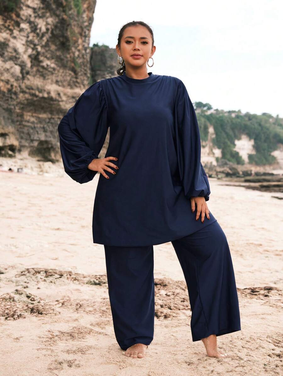 Swim Mulvari Plus Size Nữ Ngày Lễ Đồng Bằng Cổ Đứng Đèn Lồng Tay Áo Và Quần Thường Ngày, Đồ Bơi Tankini Giải Trí - Màu xanh hải quân - Xem 1