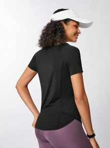 Easithlete 女士純色簡約日常運動T恤，女式網球服裝 - 黑色 - 查看 7