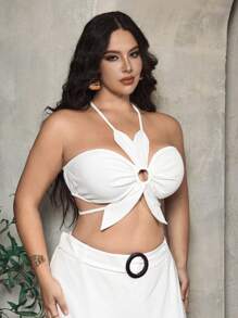 SHEIN SXY Top corto estivo in lino con stampa floreale BOHO adatto alle vacanze estive in spiaggia con cerchio - Bianco - Visualizzare 6