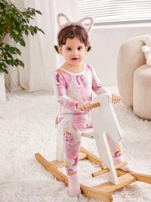 SHEIN 寶寶女孩合身卡通圖案圓領長袖長褲針織睡衣套裝 - 淺粉色 - 查看 3