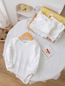 SHEIN Ensemble de 3 bodies à manches longues de couleur unie pour bébé garçon ou bébé fille, convient pour la maison et l'extérieur - Blanc - Voir 6