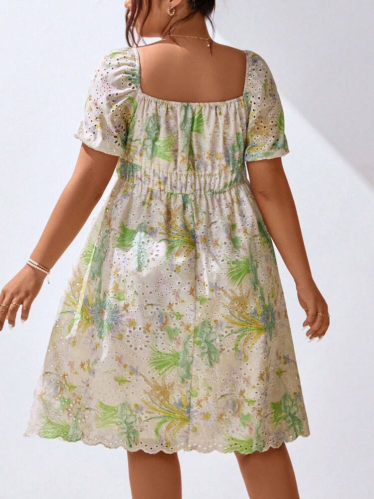Plus Size Women's Summer Floral Print Square Neckline Puff Sleeve A-Line Dress With Shoulder Inserts