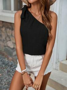 Breezaya Camisa diaria de un solo hombro de unicolor simple para mujer, top asimétrico negro de verano para mujeres