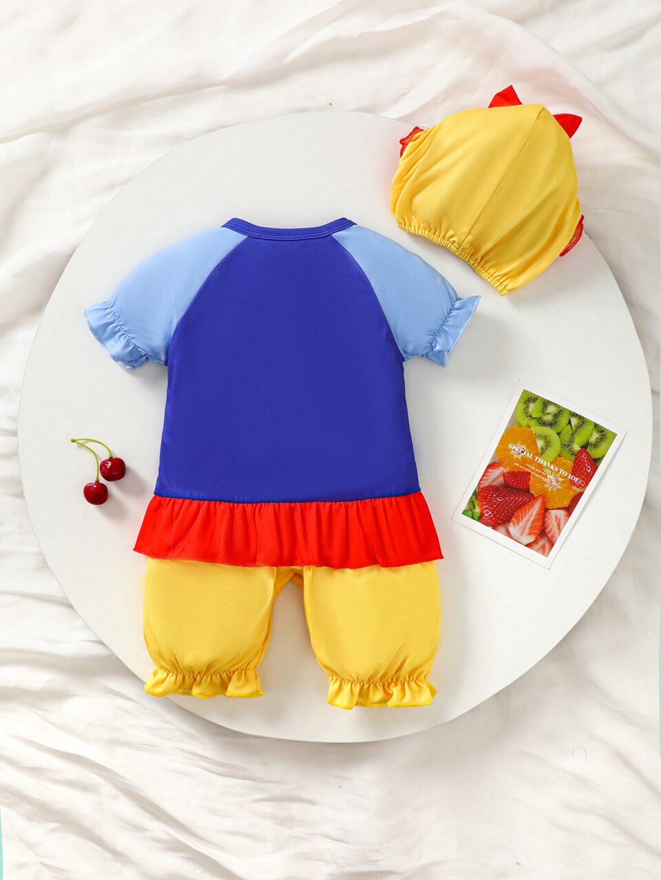 Baby Girl Casual Laser Digital Print Color Block Puff Sleeve Romper With Ruffled Skirt And Cap, Homewear