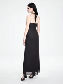 ROMWE Fairycore Women's Fashionable Mesh Halter Mermaid Skeleton Print Dress - Black - View 6