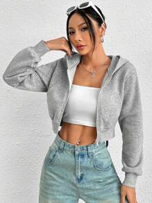 SHEIN PETITE Y2k 秋冬拉链短款连帽衫 - 灰色 - 查看 3