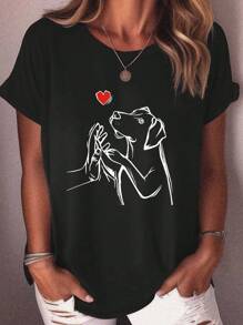 INAWLY 加大码心形印花狗狗衬衫/T 恤，带爪印设计，圆领短袖 T 恤，夏季图案 T 恤女式上衣 - 黑色 - 查看 1