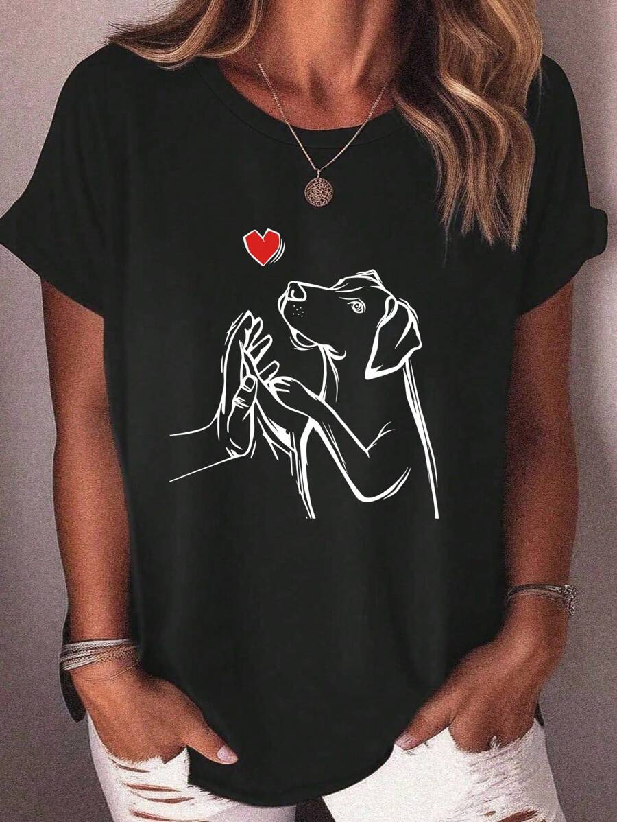 INAWLY 加大码心形印花狗狗衬衫/T 恤，带爪印设计，圆领短袖 T 恤，夏季图案 T 恤女式上衣 - 黑色 - 查看 1