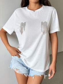 SHEIN Essnce Women's Short Sleeve T-Shirt With Heart Shaped Beads, Rhinestone And Tassel Embellishments, Spring/Summercasual - White - View 4