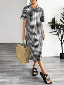 SHEIN Essnce 女士休閒格子紐扣前衬衫連衣裙，夏季 - 黑色 - 查看 7