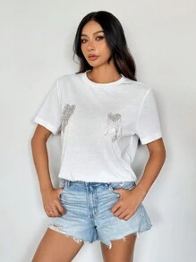 SHEIN Essnce Women's Short Sleeve T-Shirt With Heart Shaped Beads, Rhinestone And Tassel Embellishments, Spring/Summercasual - White - View 5