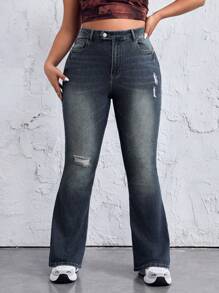 SHEIN EZwear Quần jean ống loe cỡ lớn thông thường với thiết kế đau khổ và giặt sạch - Màu xanh lam - Xem 7