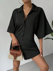 Breezaya Casual Casual Shirt Style Batwing Sleeve Women's Jumpsuit With Wide Leg Shorts - Black - View 6