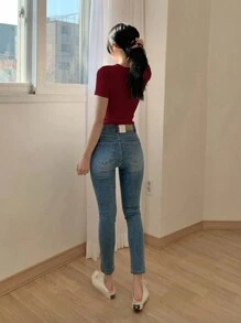 DAZY 女士修身短袖純色圓領T恤，夏季款