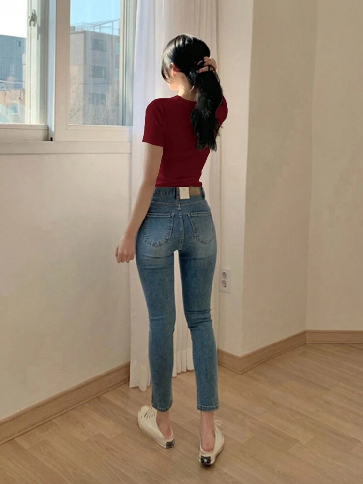 Women's Slim Fit Short Sleeve Solid Color Round Neck T-Shirt, Summer