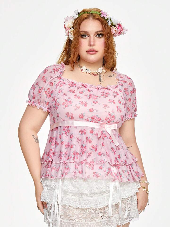 ROMWE Fairycore Plus Size Pink Floral Silk Ribbon Bow Double