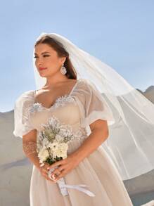 Váy công chúa màu trắng cỡ lớn có cổ vuông xuyên thấu, tay áo bong bóng, phong cách cung đình, đính cườm thủ công, hoa 3D, váy cưới thanh lịch, sang trọng, duyên dáng & đơn giản - trắng - Xem 7