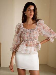 GENKIRA Random Printed Women's Simple Daily Net Yarn Long Sleeve Top Fall Cloth For Women - Beige - View 5