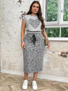 SHEIN LUNE Bộ đồ hai mảnh in họa tiết đơn giản hàng ngày cho nữ cỡ lớn, mùa hè - Xám - Xem 4