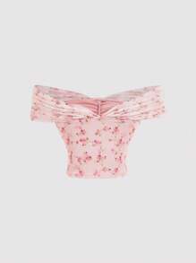 SHEIN MOD Top con hombros descubiertos, volantes y tirantes cruzados en floral rosa para mujer