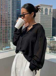 DAZY Áo Sơ Mi Sheer Nút Phía Trước - màu đen - Xem 11