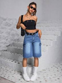 SHEIN PETITE 夏季休閒寬腳牛仔短褲，設有實用細節