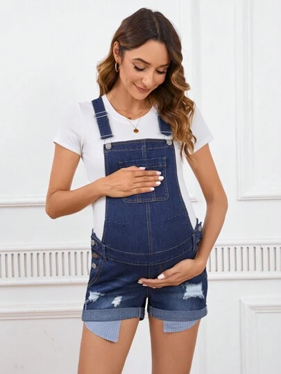 SHEIN Maternity Solid Color Simple Daily Denim Overall Shorts