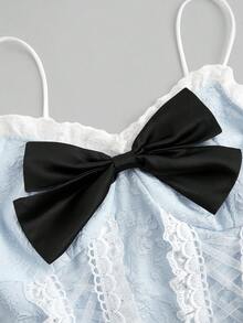 ROMWE Kawaii 女士蕾絲拼接荷葉邊蝴蝶裝飾色塊復古背心 - 藍色 - 查看 3