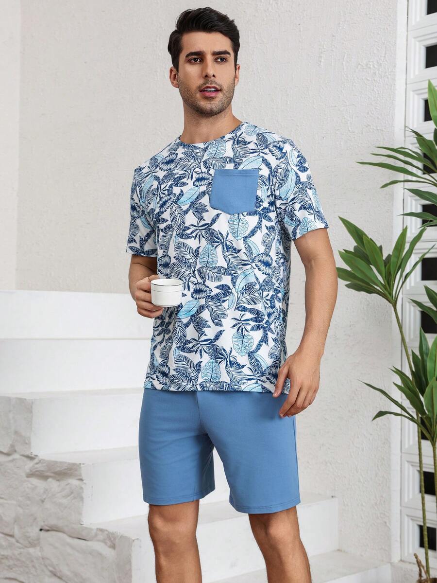 Conjunto de ropa cómoda impresa de moda para hombre para estar en casa y para vestir informal - Azul - Ver 1