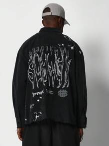 SUMWON Distressed Brooklyn Street Art Denim Trucker Jacket Oversized Graffiti Back Print Designer Urban Streetwear Fall Winter Collection - Black - View 1
