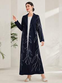 Al Najma 女士印花簡約款日常阿巴亞（阿拉伯外袍） - 藏蓝色 - 查看 3
