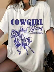 SHEIN EZwear Camiseta de cuello redondo de manga corta blanca con estampado de vaquera azul sobredimensionada, diseño de chica del oeste, corte holgado para mujer, festival de música de verano - Blanco - Ver 1