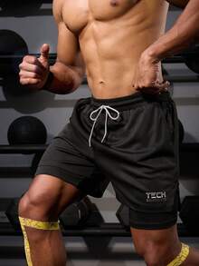 男士時尚透氣休閑運動短褲，束口短褲 - 黑色 - 查看 4