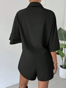 Breezaya Casual Casual Shirt Style Batwing Sleeve Women's Jumpsuit With Wide Leg Shorts - Black - View 2