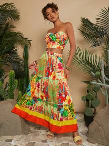 Travachic Holiday Woven Print Bandeau Top & High Waist Skirt Women's 2 Pieces Set