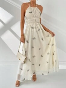 SHEIN Privé Vestido Elegante Havaiano com Pescoço Halter e Amarração Bordado para Mulheres, Ideal para Férias ou Chá da Tarde - Damasco - Visão 3