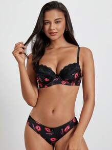 Conjunto de lencería sujetador y braguita con aros y estampado de labios - Negro - Ver 4