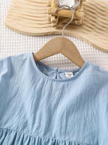 SHEIN LMoss Kids LMoss 年轻女孩 编织纯色宽松休闲圆领衬衫和领结 - 白色 - 查看 5