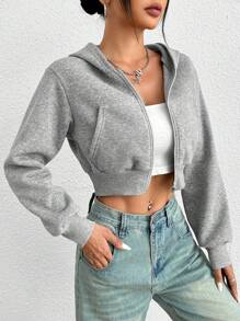 SHEIN PETITE Y2k 秋冬拉链短款连帽衫 - 灰色 - 查看 4